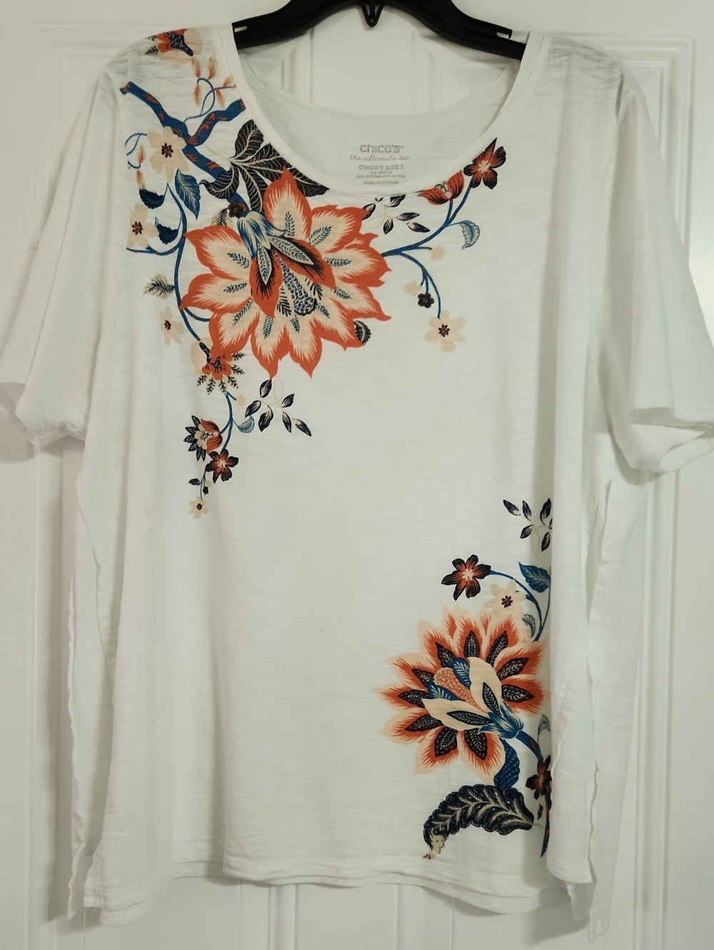 Chico's White Short-Sleeve Tee with Orange and Blue Floral Print